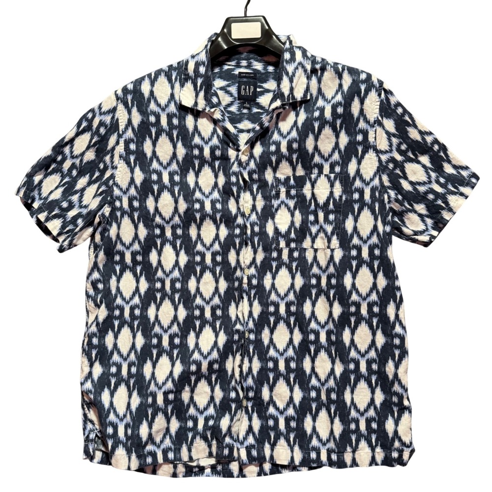 Gap‎ Loop Collar Shirt Linen Blend Large Mens Ikat Short Sleeve Button Up